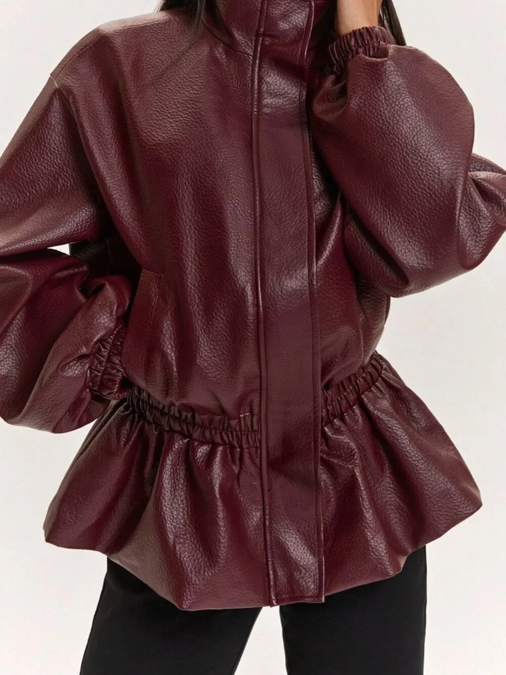 Burgundy Casual Women's Long-Sleeved Jacket With Fitted Waist